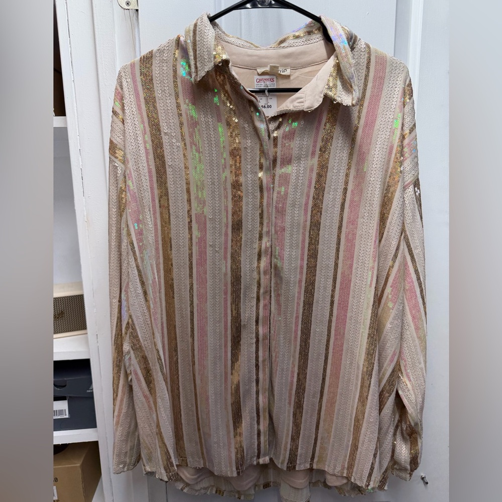 Main Strip Women’s Striped Button-Down Shirt in Pink, Gold & Cream Sequins